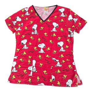 Peanuts Scrub Tunic Top Womens XS Red Snoopy Woodstock Bird Up V Neck Pockets